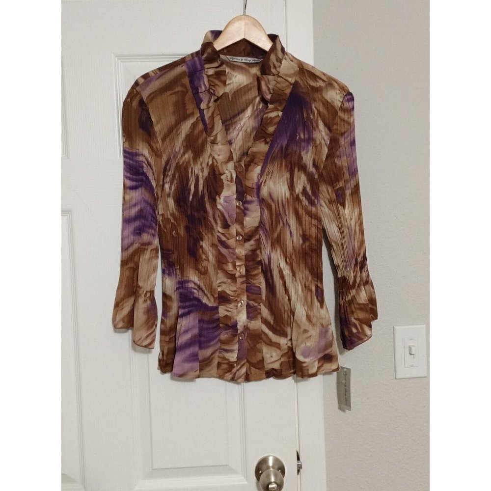 NWT Women's Signature By Larry Levine Taupe/Purple Crinkle Long Sleeve Blouse XL
